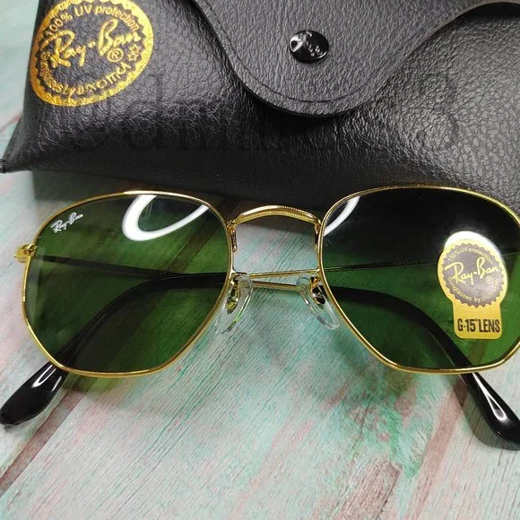 Ray-Ban Hexagonal Sunglasses RB3548N 001 52mm Gold Frame Green Classic HEXAGONAL FLAT LENSES Sunglasses in Arista Gold and G-15  main image 2